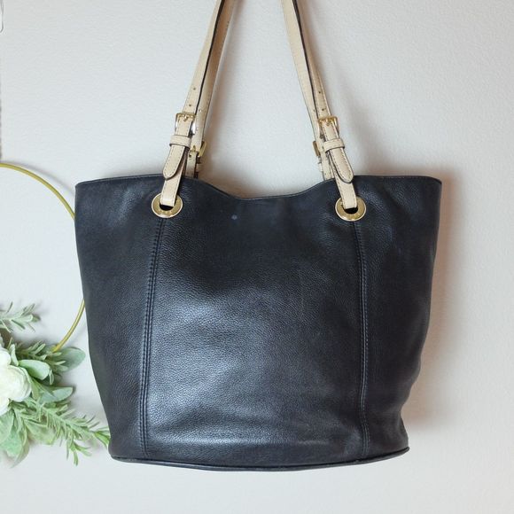 Michael Kors Black Leather Gold Tone Hardware Double Handle Tote Bag - Picture 2 of 14